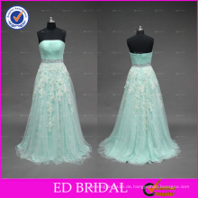 Echte Bilder trägerlose Spitze Appliqued Tulle eine Linie lange prom Kleid mit Perlen Schärpe